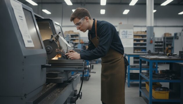 Elderly machinist instructor demonstrates precision surface grinding technique to a manufacturing apprentice at a technical college workshop, training competency checklist and industry certification