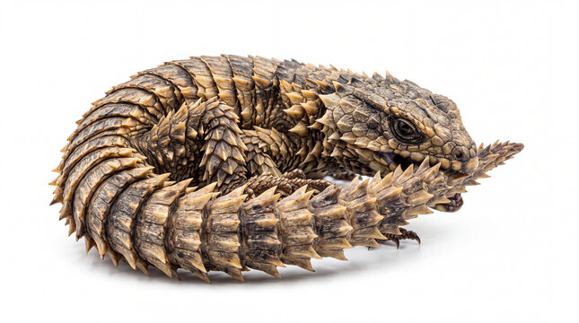 Detailed image of a textured armadillo lizard coiled in a natural pose against a white background, showcasing its unique scales and coloration