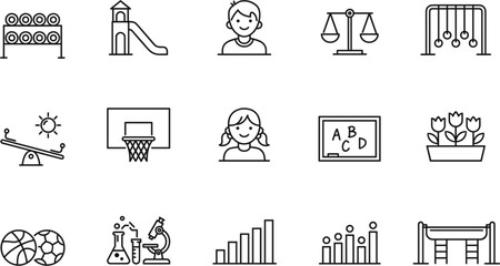 Fototapeta premium Education outline icons, school learning symbols featuring playground science sports classroom and achievement vector collection design