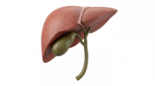 Detailed rendering of a liver anatomy model with gallbladder, showcasing the intricate structures and connections in human body