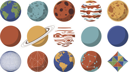 Solar System Planets and Celestial Globes Vector Icon Set Featuring Earth Mars Saturn Jupiter Sun and Tech Network Space Layout Elements © Donal! 