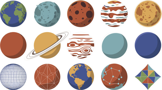 Solar System Planets and Celestial Globes Vector Icon Set Featuring Earth Mars Saturn Jupiter Sun and Tech Network Space Layout Elements