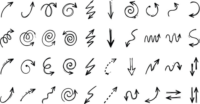 Collection of Black Hand Drawn Doodle Arrows and Sketch Direction Pointers Isolated on White Background