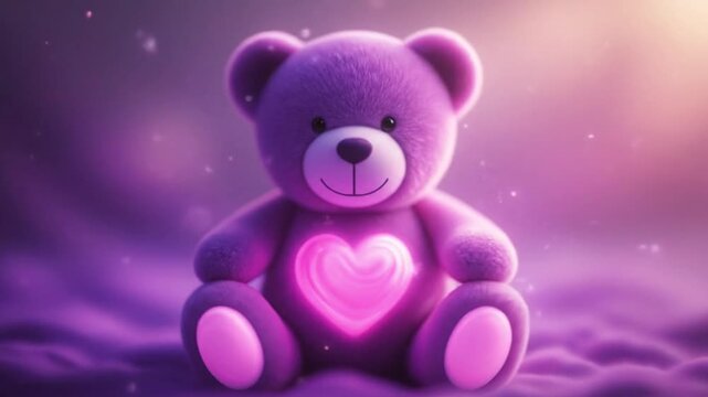 A purple teddy bear with a heart on its chest sits on a purple background with a gentle smile and heart glowing brightly in the dark purple night sky with stars.