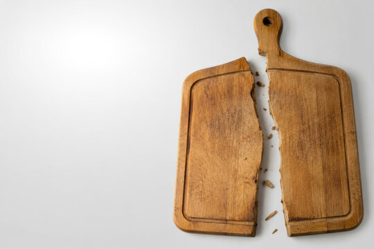 Broken wooden cutting board split into two pieces. Space for text.