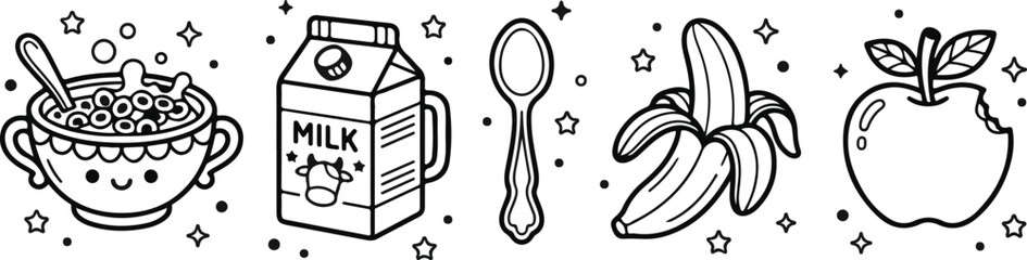 Cute breakfast cereal, milk, spoon, banana, and apple coloring page for kids © Spomsbr