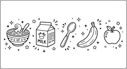 Healthy cereal and fruit breakfast coloring page with milk and banana © Spomsbr
