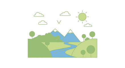 Naklejka premium Landscape Scene With Mountains River And Sun Flat Vector Silhouette