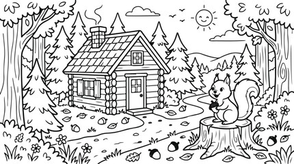 Cute squirrel with acorn and log cabin in the forest coloring page © Spomsbr