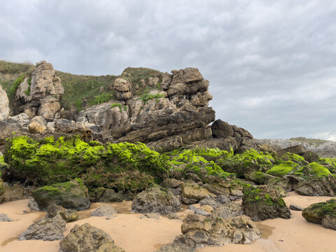 Rocky Atlantic coastline where low tide reveals vivid green moss-covered boulders normally hidden beneath the sea.