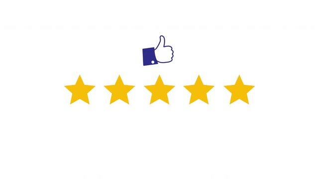 Five yellow stars rating animation with a blue thumbs up icon appearing on a white background for customer feedback and review systems with alpha channel for easy compositing