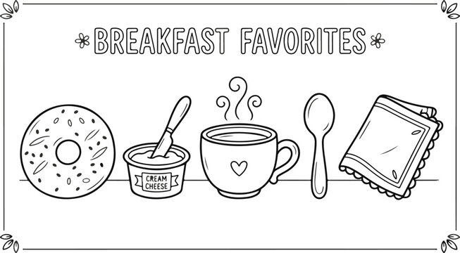 Breakfast favorites cute coloring page for kids with donuts and coffee vector