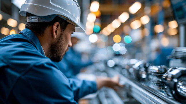 Rear view of a male technician in a blue coverall and hard hat working at a bright automotive parts assembly line, face turned away, clean industrial equipment, manufacturing, empl