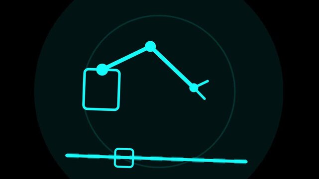 Futuristic digital HUD interface displaying a neon blue schematic of a mechanical robotic arm for high tech engineering and cybernetic systems