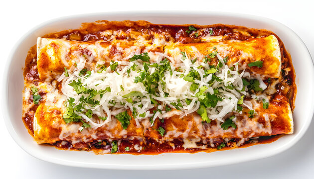 Delicious enchiladas covered with sauce, topped with shredded cabbage and onions