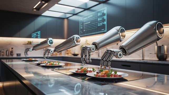 Automated food preparation. Robotic kitchen arm serving dishes.