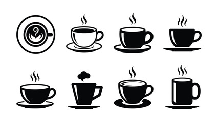 Fototapeta premium Black and white coffee cups with steam rising on saucers icons