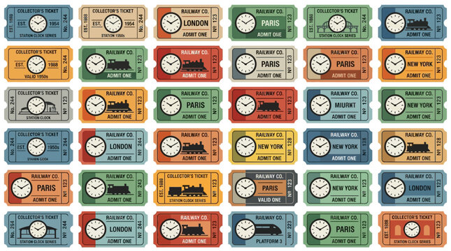 Vintage Train Tickets Collection: London, Paris, New York - Retro Travel Pass Design
