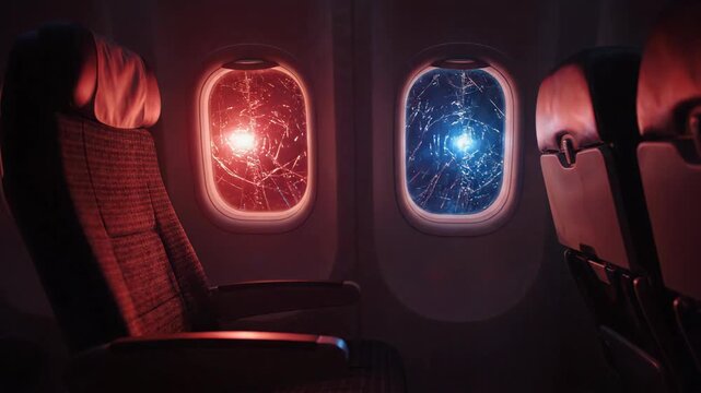 Airplane window seat cracked glass glowing red and blue light inside dark cabin interior creating eerie night atmosphere