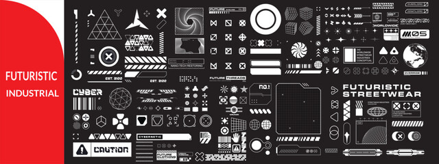 Futuristic industrial micrographics and cyberpunk technical labels. Futuristic sticker  set design . © Designby