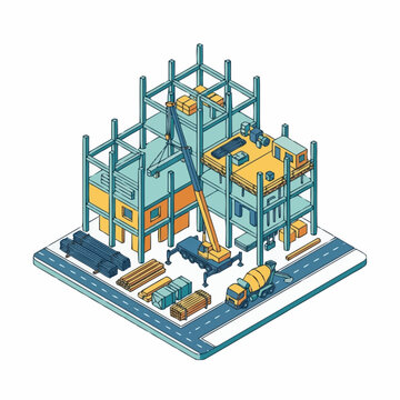 Isometric Construction Site with Heavy Machinery and Workers.