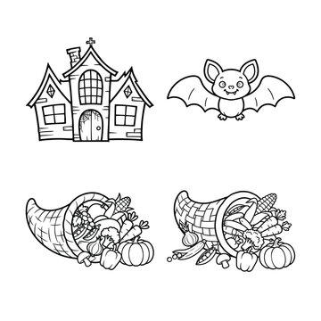 Halloween line art set haunted house bat and cornucopia with harvest