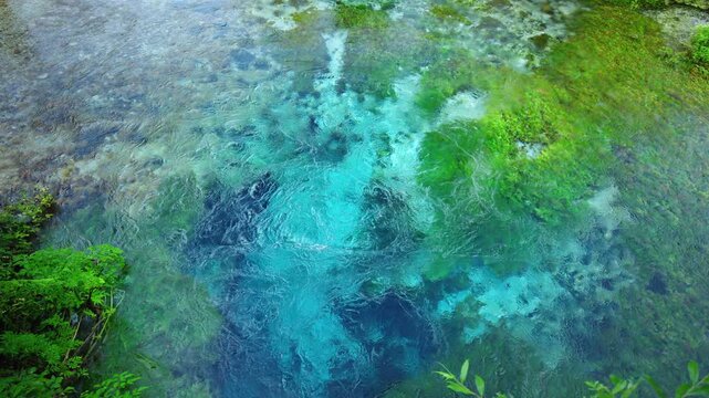 Blue eye spring in Albania with crystal clear turquoise water from above