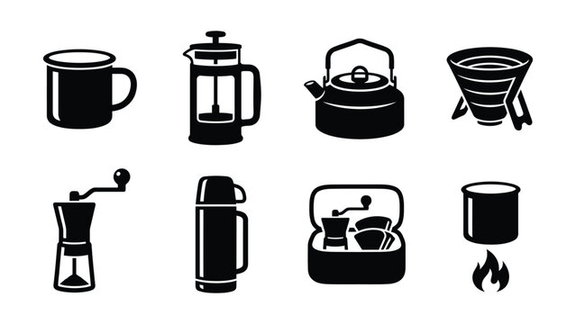 Black and white coffee maker and tea brewer icons on transparent background