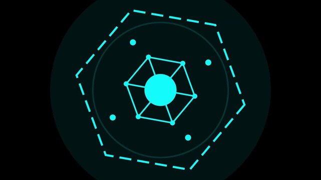 Abstract glowing cyan digital interface featuring geometric hexagon shapes and holographic HUD elements for futuristic technology design