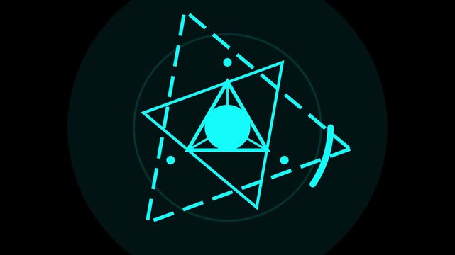 Futuristic cyan glowing HUD geometric symbol with abstract technology lines and circles on dark background for sci-fi digital interface design