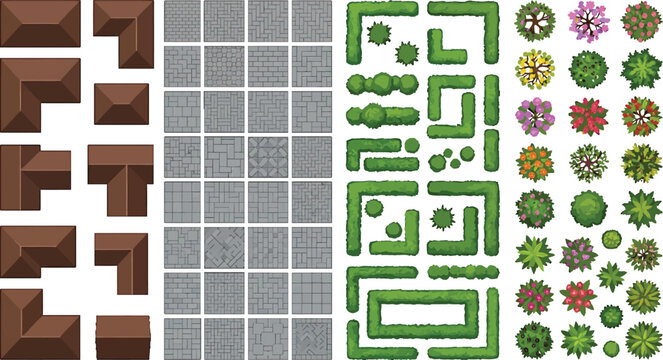 Top view architectural elements set with house roofs paving tiles garden hedges and various trees vector illustration
