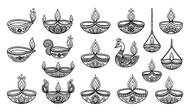 Traditional diya oil lamp vector illustration with decorative patterns and stylized flame in black and white