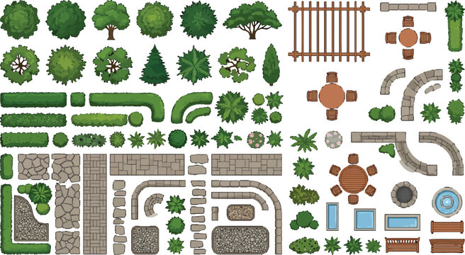 Top view landscape design elements set with trees hedges stone paths and garden furniture vector illustration