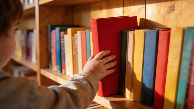 Child Hand Selecting Red Book from Wooden Library Shelf