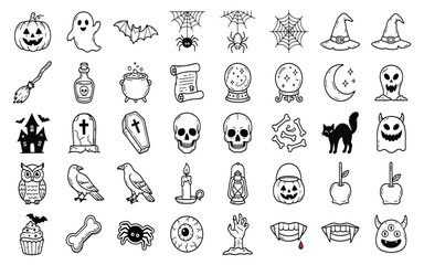 Obraz premium Halloween Holiday Icon Set, Black and White Spooky Elements and Characters for Seasonal Design