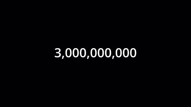 Number Counter Animation from 0 to 3000000000 with Alpha Channel, Animated Number Counter from Zero to Three Billion on a Transparent Background