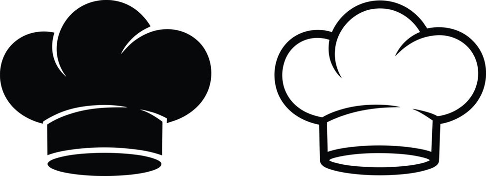 Chef hat icon set with solid black and outline styles for restaurant menu cooking culinary art and bakery toque symbol collection