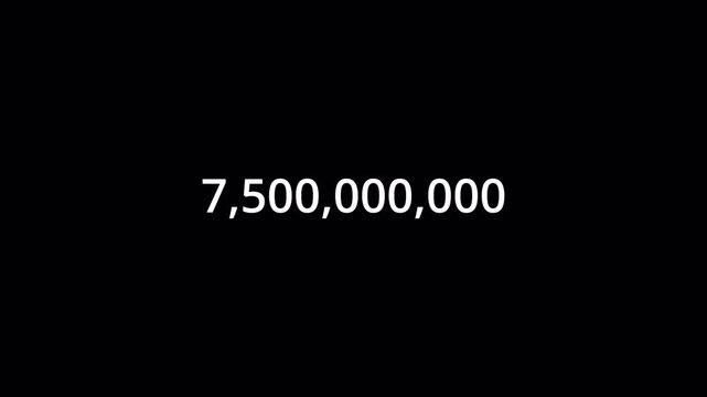 Number Counter Animation from 0 to 7500000000 with Alpha Channel, Animated Number Counter from Zero to Seven Billion Five Hundred Million on a Transparent Background