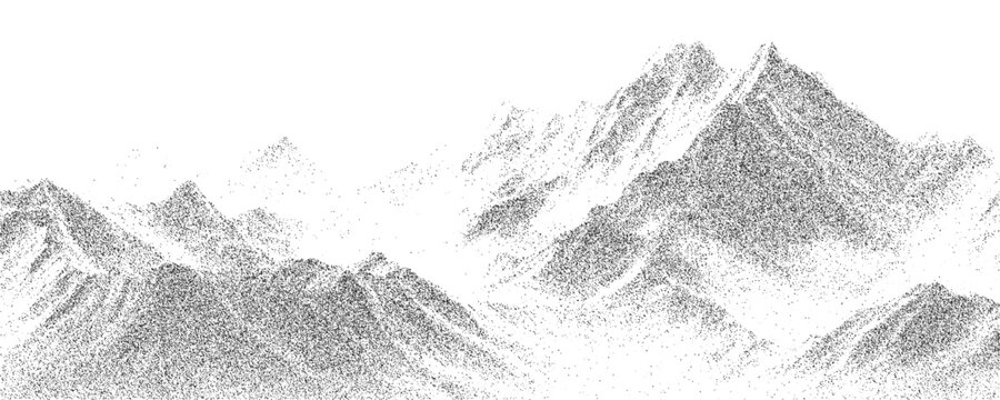 Mountain grain texture, monochrome stipple landscape with rugged peaks, snowy ridges and faded atmospheric depth. Abstract nature snow peaks background. Vector illustration
