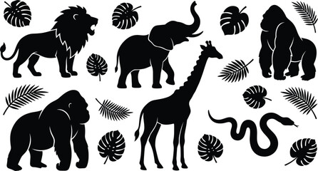 African safari animals icon set with black vector silhouettes of lion, elephant, giraffe, gorilla, snake, and tropical monstera leaves on white background. © Rakib