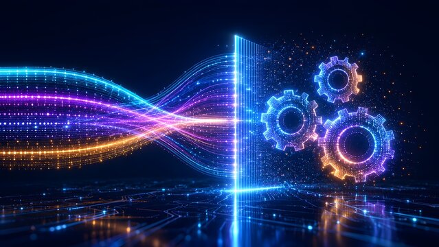 Futuristic data analytics and automated process concept showing vibrant digital light beams passing a virtual barrier into glowing mechanic gears for intelligent corporate computing solutions.