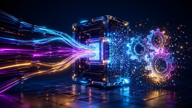 Modern computing power and data management shown by bright digital streams flowing into a central processing unit with glowing mechanical gears for optimal system efficiency and integration.