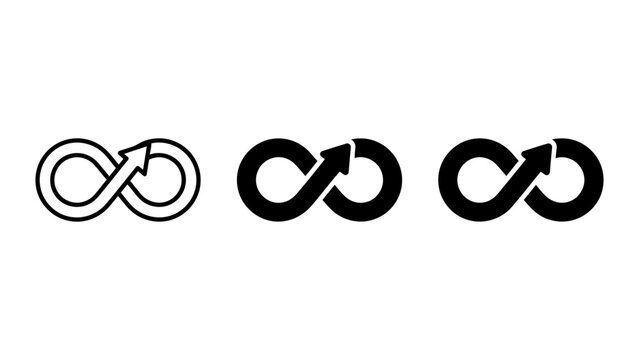 Infinity symbol with arrow icon set in thin line and solid black designs infinity direction continuation abstract