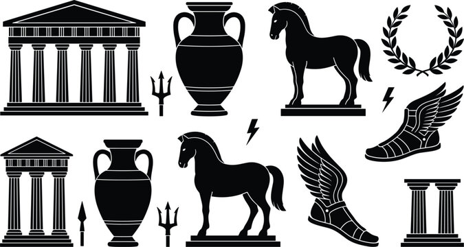 Ancient Greek mythology and history vector icon set with black silhouettes of parthenon temple columns trojan horse amphora vase laurel wreath winged sandals trident