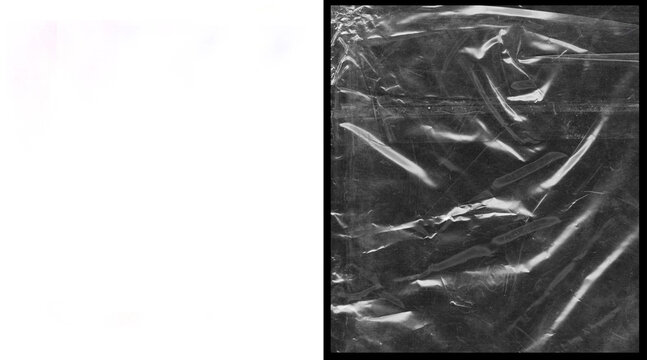 Crumpled plastic wrap texture on black background, wrinkled transparent cellophane overlay, shiny polyethylene film with realistic light reflections