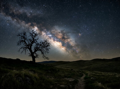 A lone silhouette tree standing under the bright starry Milky Way galaxy at night.