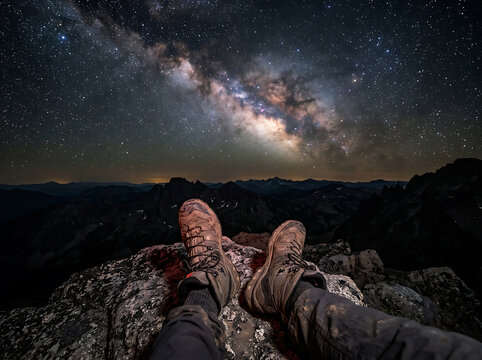 Hiker sitting on a mountain peak looking at the Milky Way galaxy at night.