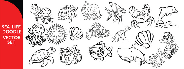 Fototapeta premium Sea life doodle vector icon set design .
