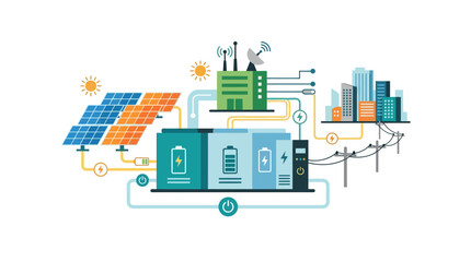 Fototapeta premium Renewable Energy System: Solar Power, Battery Storage, Smart Grid, City Connection