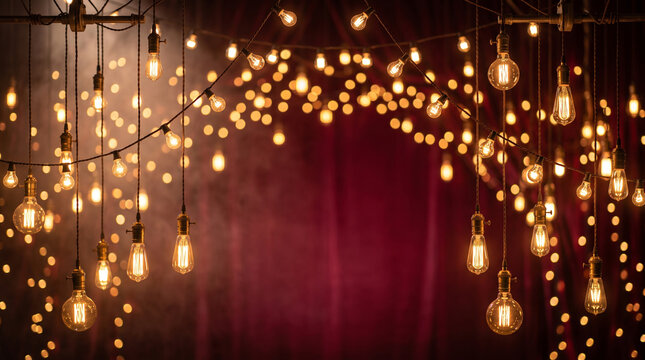 carnival atmosphere with marquee light bulbs hanging against dark red curtain background